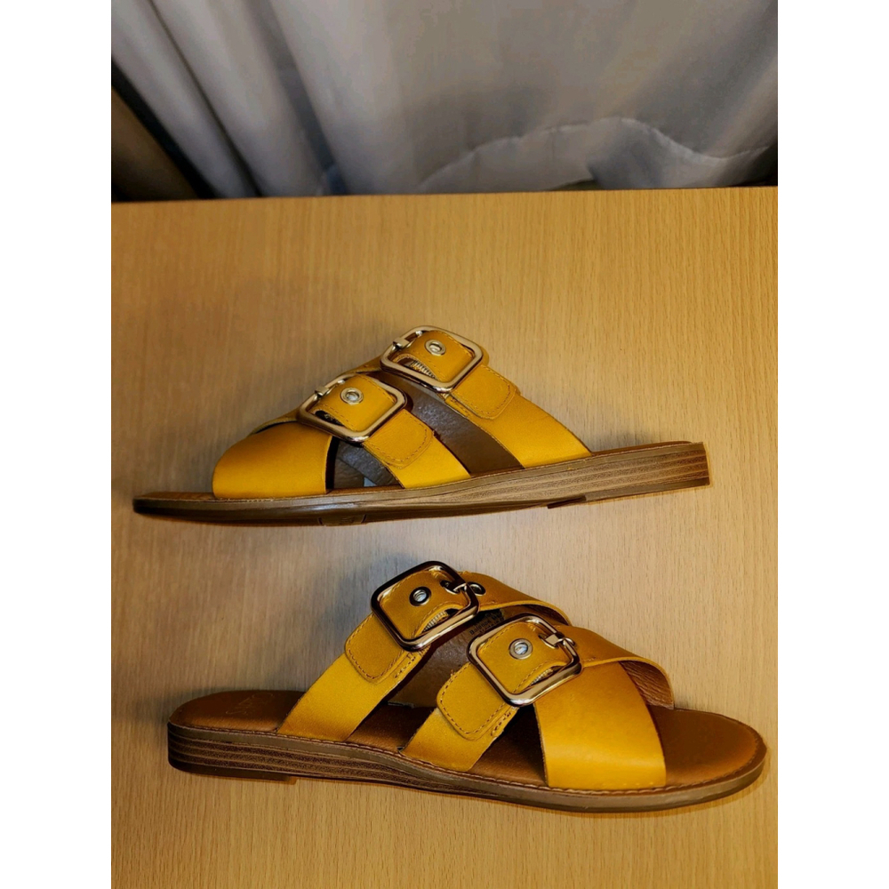 Franco Sarto Women's Honey Yellow Brown LEATHER Belted Sandals SZ 9.5 M - Picture 5 of 11